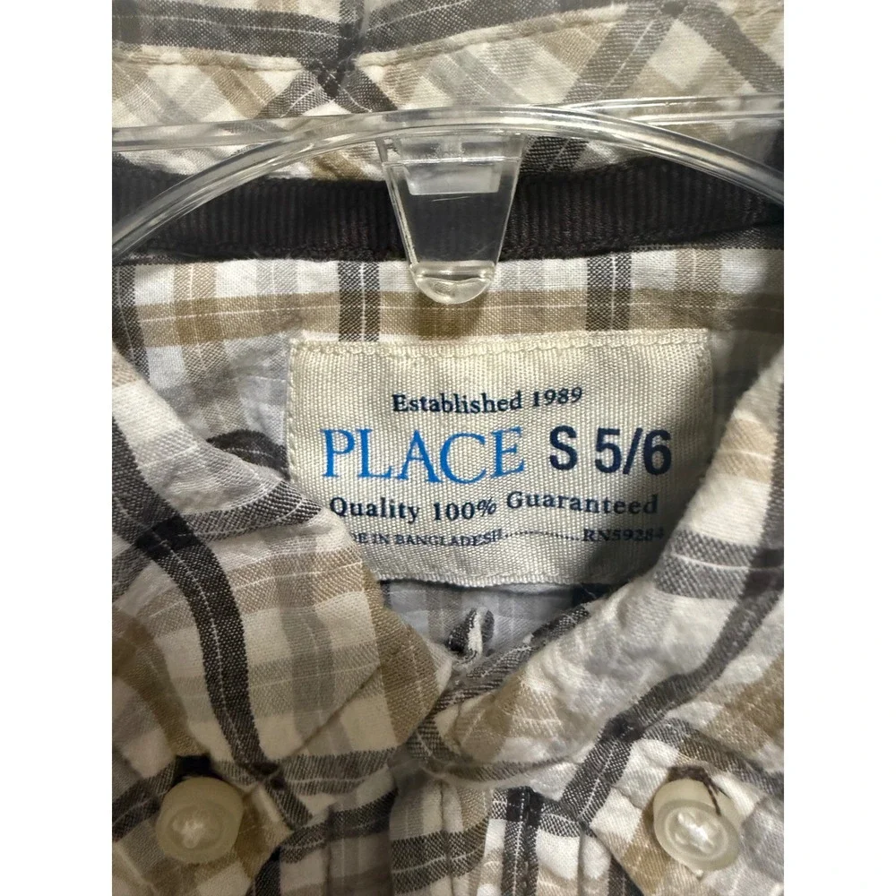 The Children's Place Boys Plaid Button Down Shirt Tan Brown Cotton Size 5/6